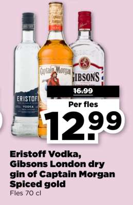 Eristoff Vodka, Gibsons London dry gin of Captain Morgan Spiced gold