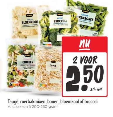 Taugé, roerbakmixen, bonen, bloemkool of broccoli