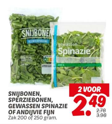 Snijbonen, Sperziebonen, Gewassen Spinazie of Andijvie Fijn