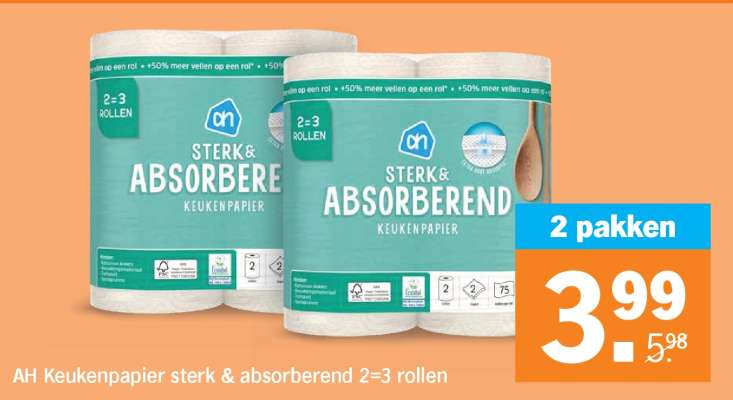 AH Keukenpapier sterk & absorberend 2=3 rollen