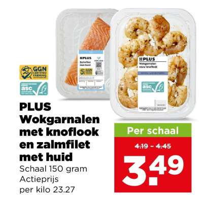 PLUS Wokgarnalen met knoflook en zalmfilet met huid