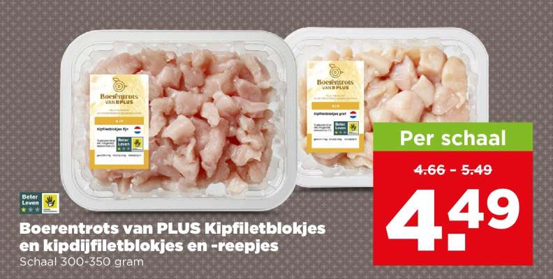 Boerentrots van PLUS Kipfiletblokjes en kipdijfiletblokjes en -reepjes