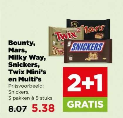 Bounty, Mars, Milky Way, Snickers, Twix Mini’s en Multi’s